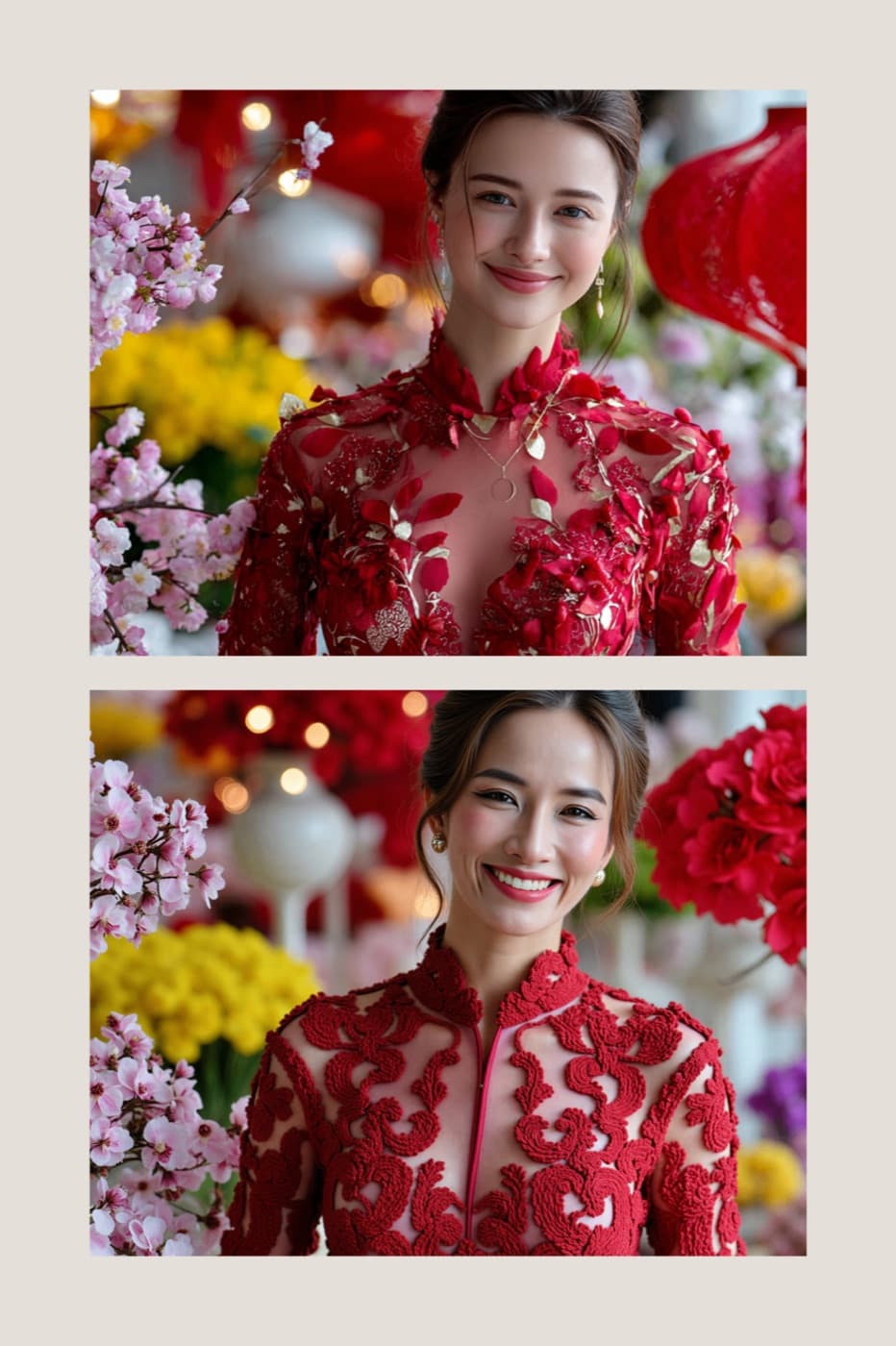 Áo dài đỏ và hoa