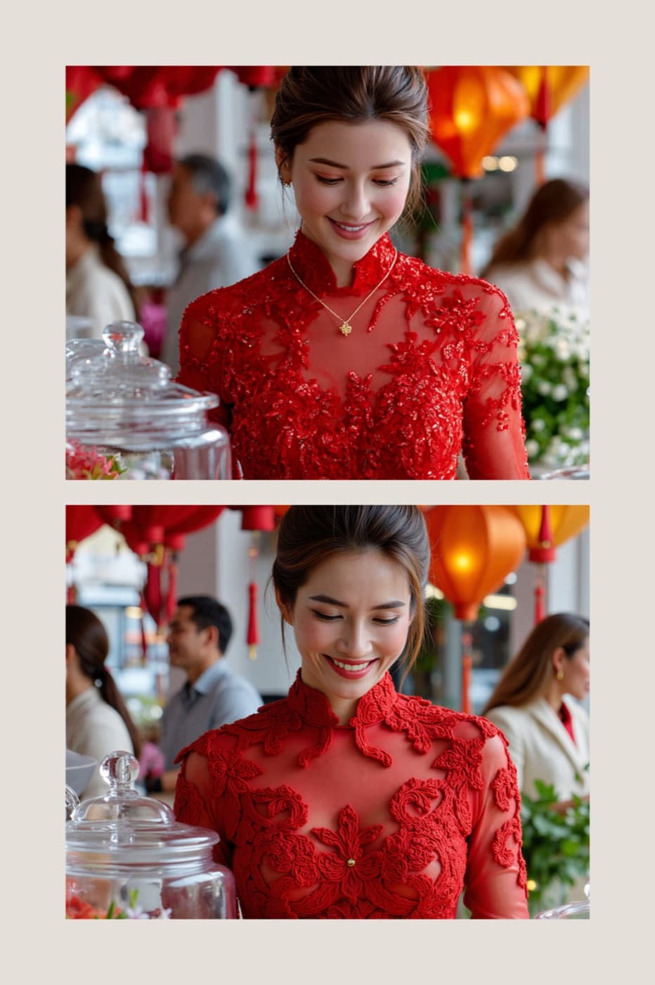 Áo dài đỏ và đèn lồng