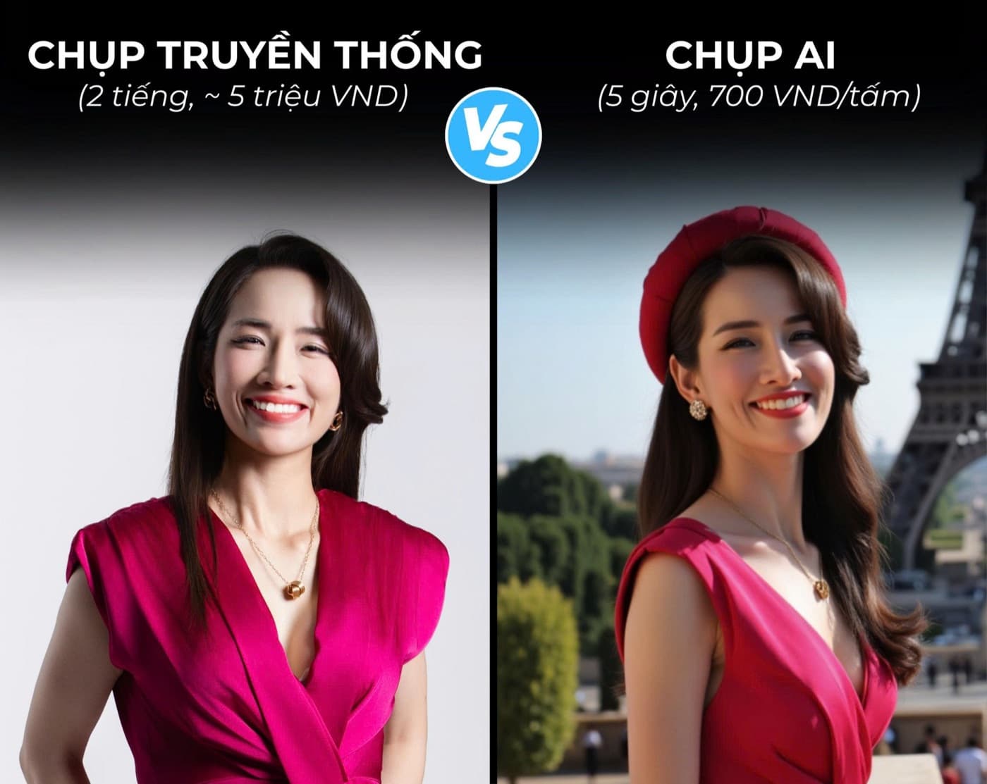 So sánh ảnh chụp studio và ảnh bản sao AI tại tháp Eiffel
