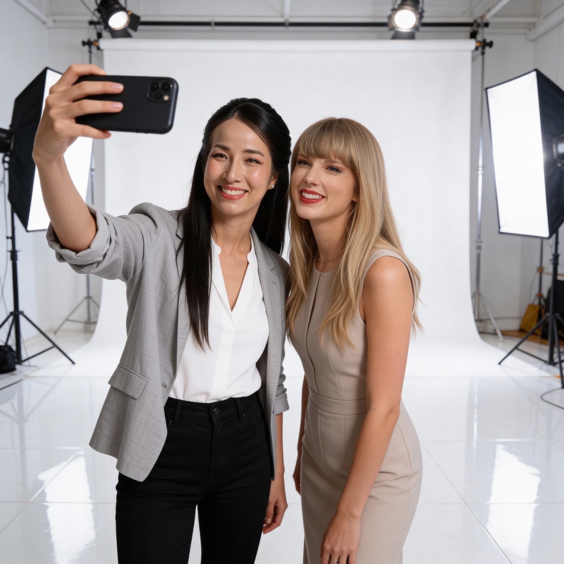 Ảnh bản sao AI chụp selfie cùng người nổi tiếng trong studio