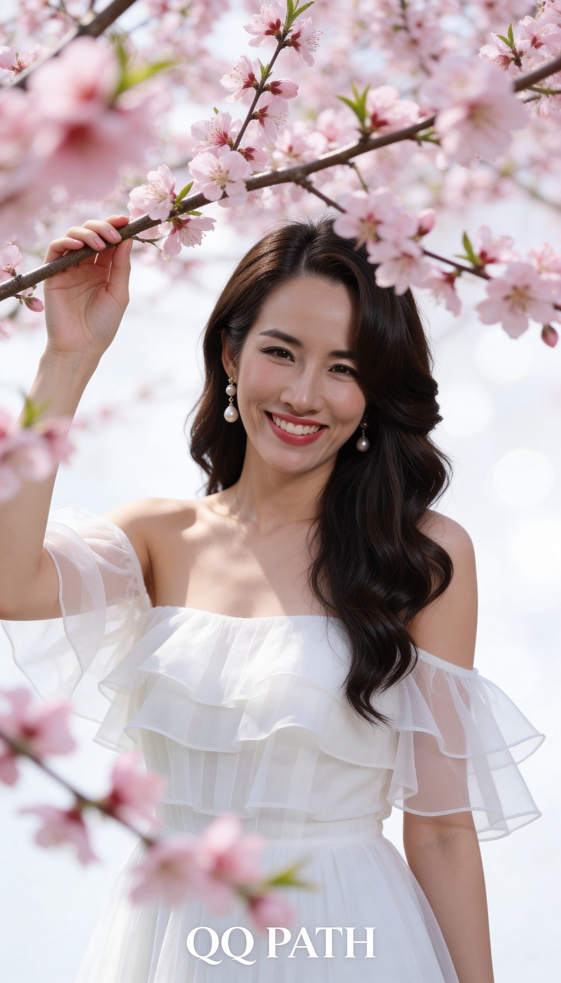 Ảnh bản sao AI trong trang phục váy trắng dưới hoa anh đào